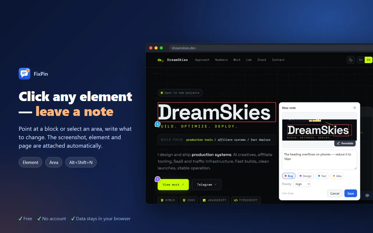 FixPin note card over the dreamskies.dev website
