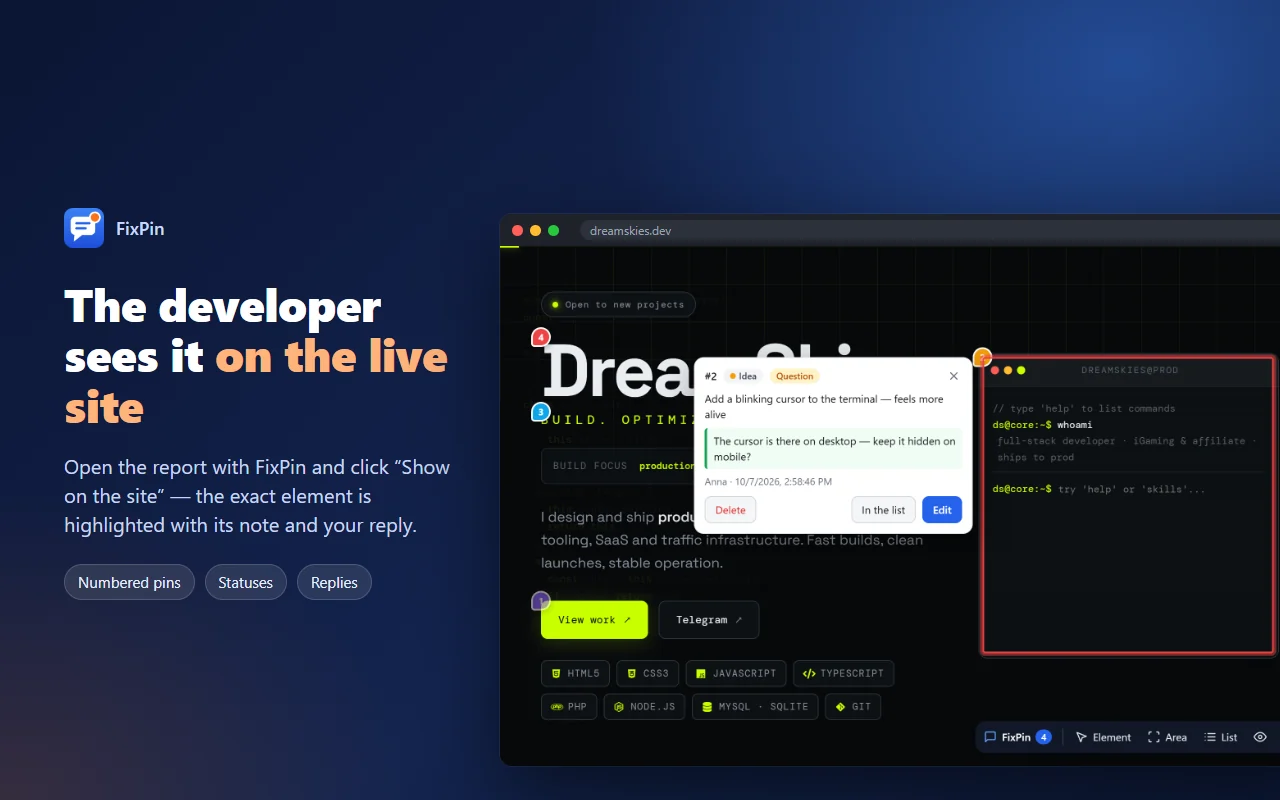 A note with the developer's reply on the live site