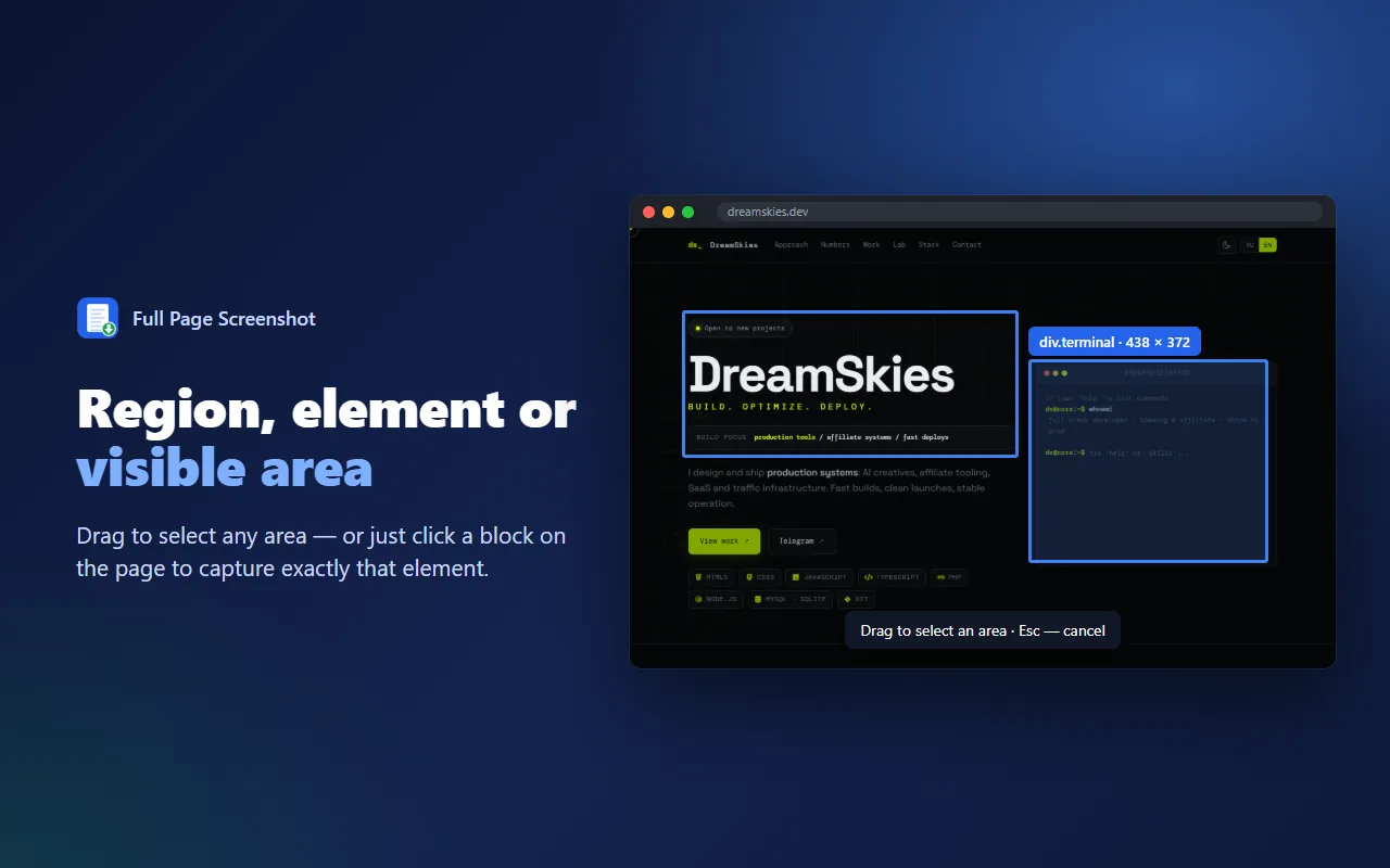 Selecting a region and an element on the page